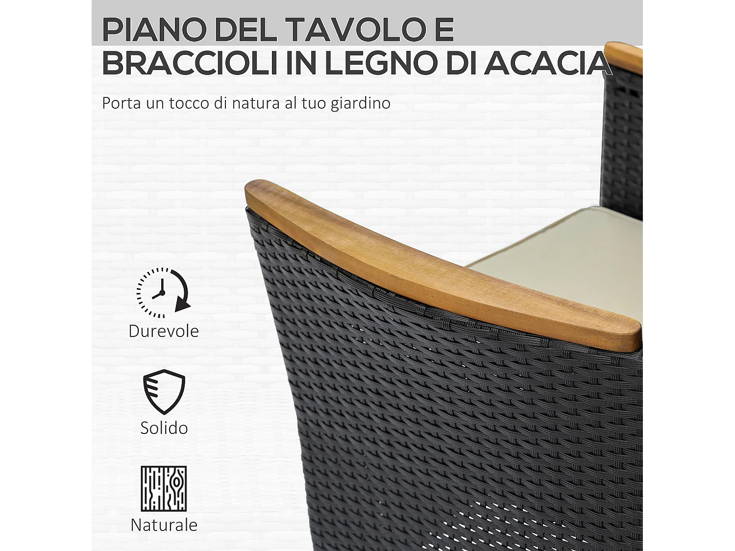 Set tavolo e sedie da giardino in rattan e legno 7 pezzi nero