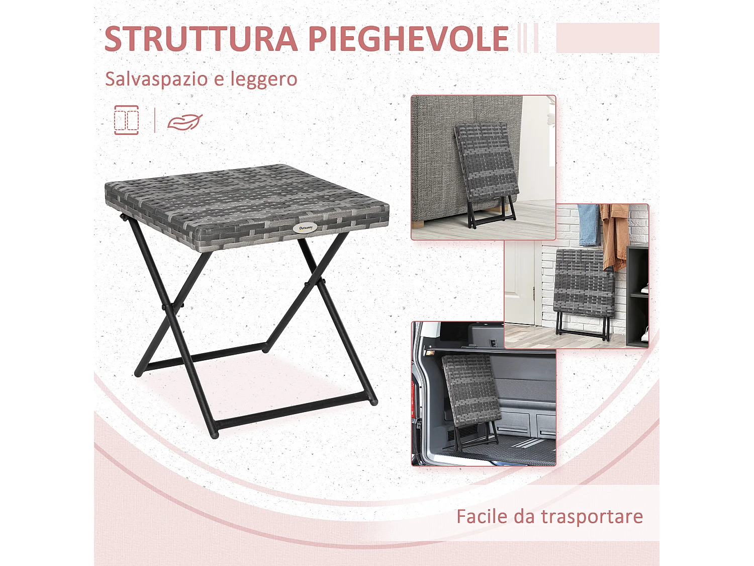 Tavolino da giardino pieghevole in rattan pe 40x40x40cm grigio