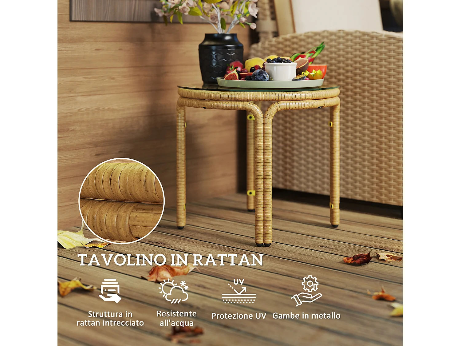 Tavolino da giardino stile boho in rattan e vetro giallo