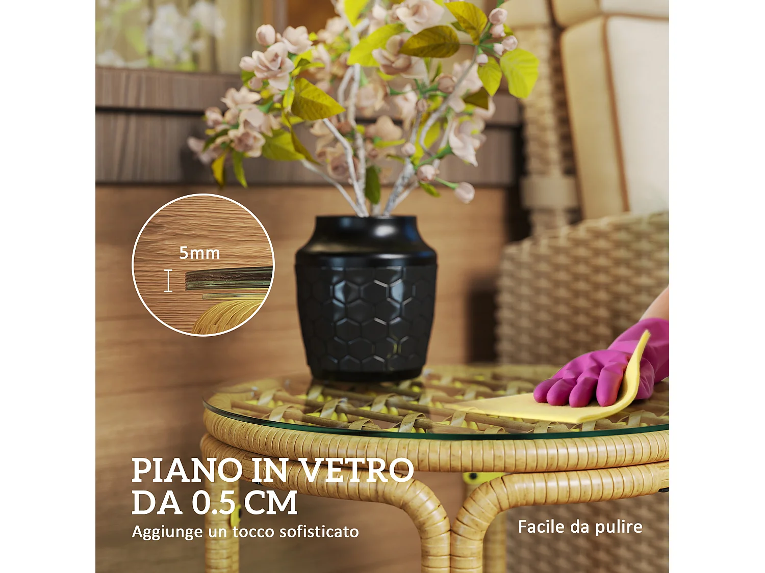 Tavolino da giardino stile boho in rattan e vetro giallo