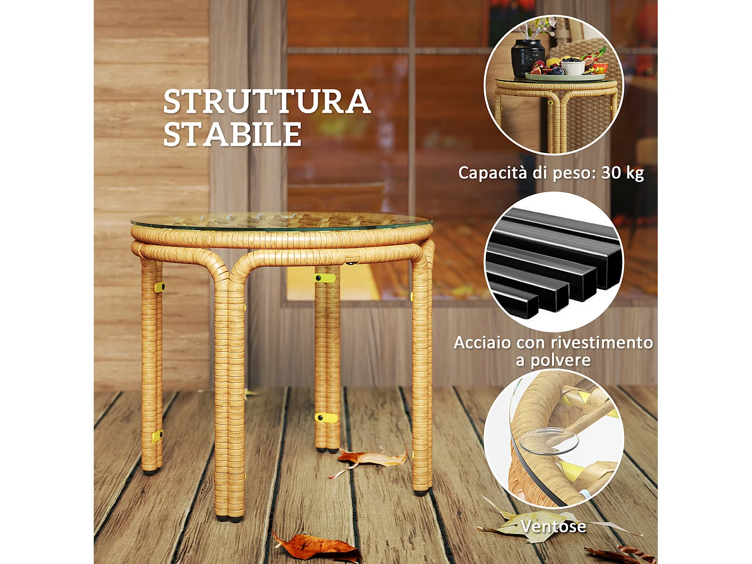 Tavolino da giardino stile boho in rattan e vetro giallo