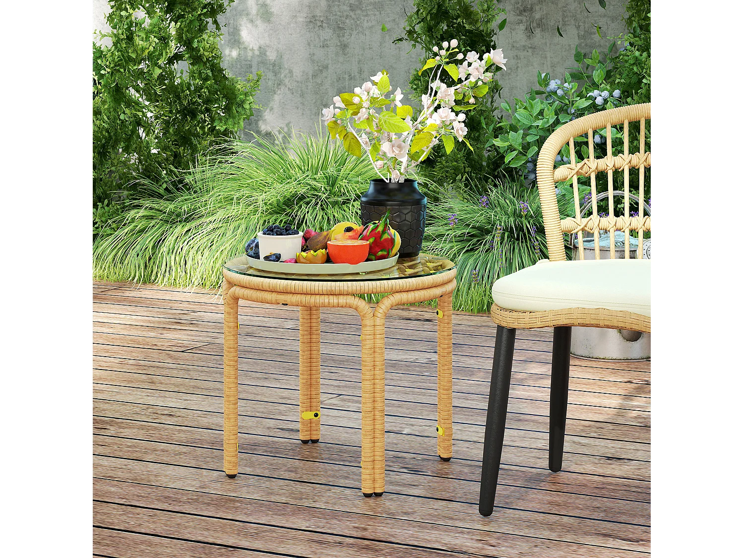 Tavolino da giardino stile boho in rattan e vetro giallo