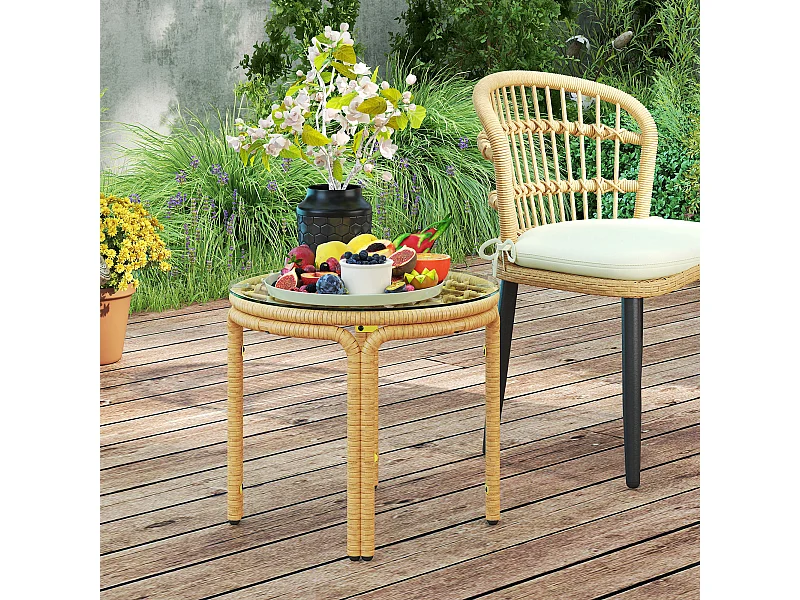 Tavolino da giardino stile boho in rattan e vetro giallo