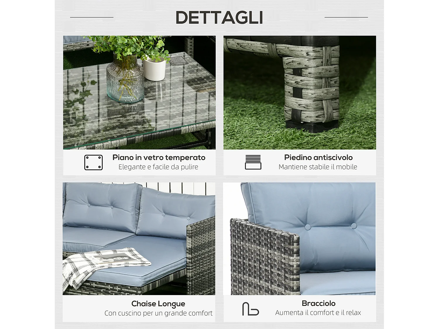 Set da giardino con divano chaise longue tavolino rattan pe