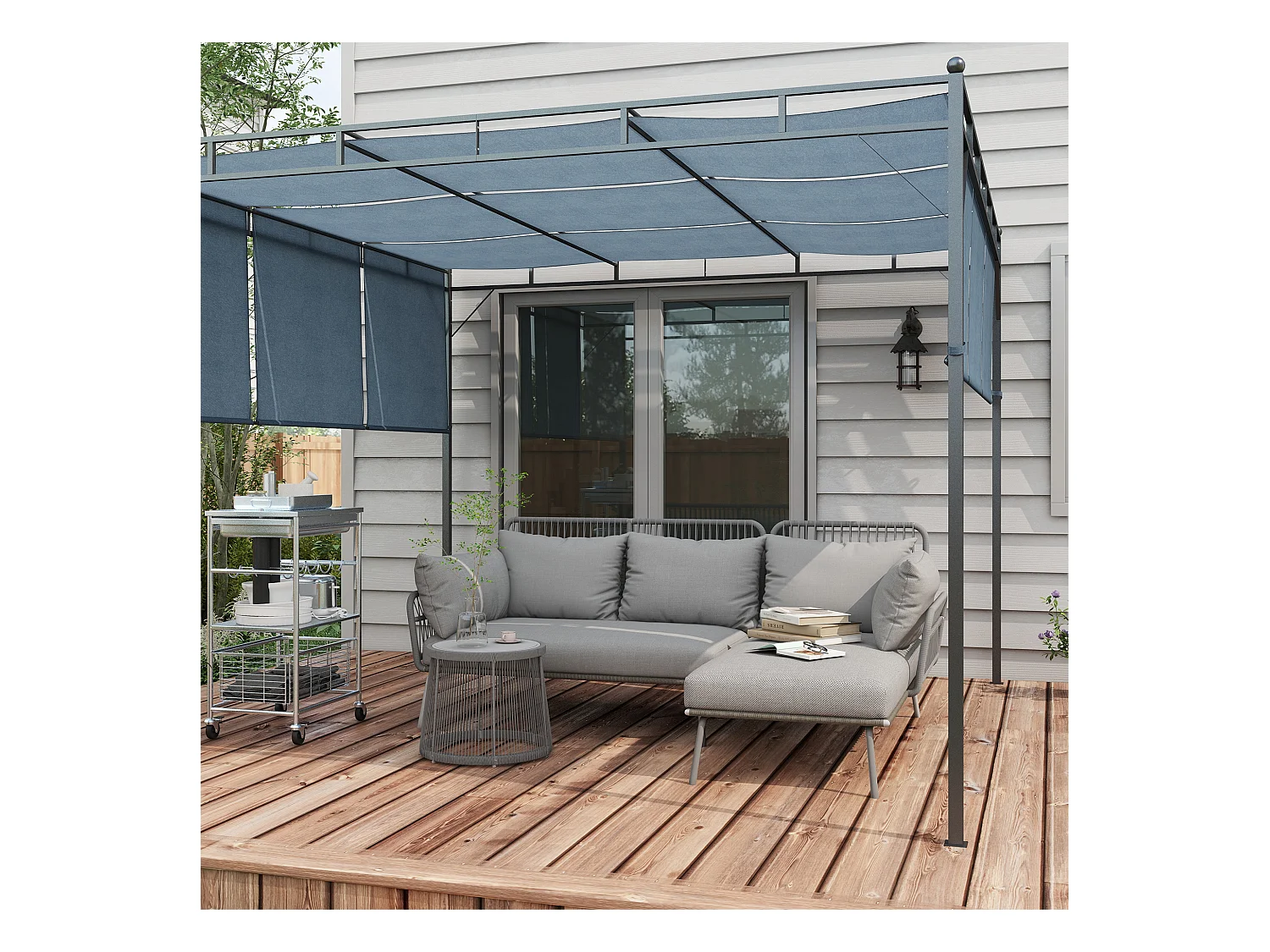 Set da giardino boho con divano angolare e tavolino in rattan grigio