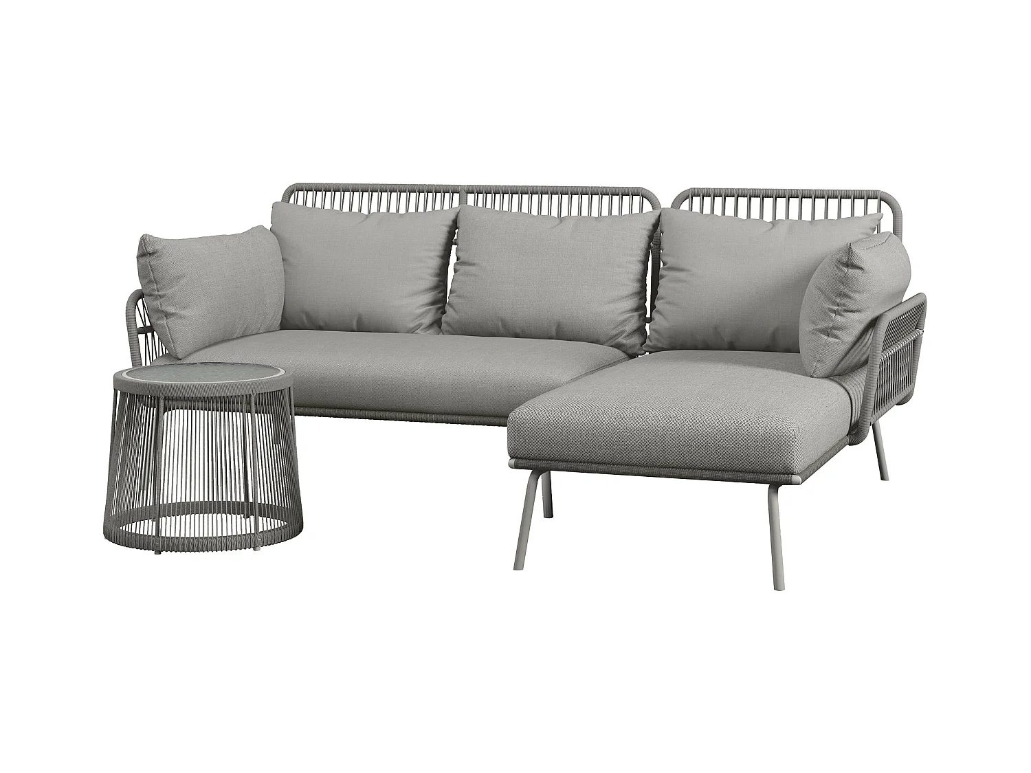 Set da giardino boho con divano angolare e tavolino in rattan grigio