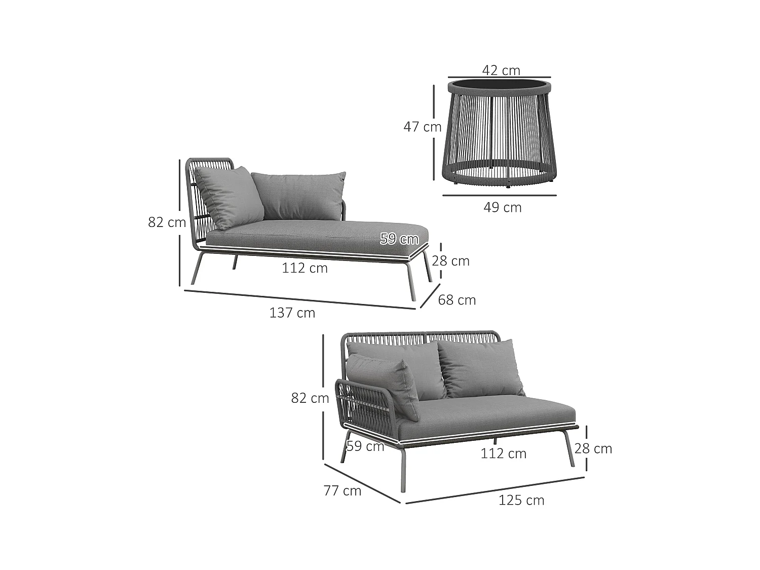 Set da giardino boho con divano angolare e tavolino in rattan grigio