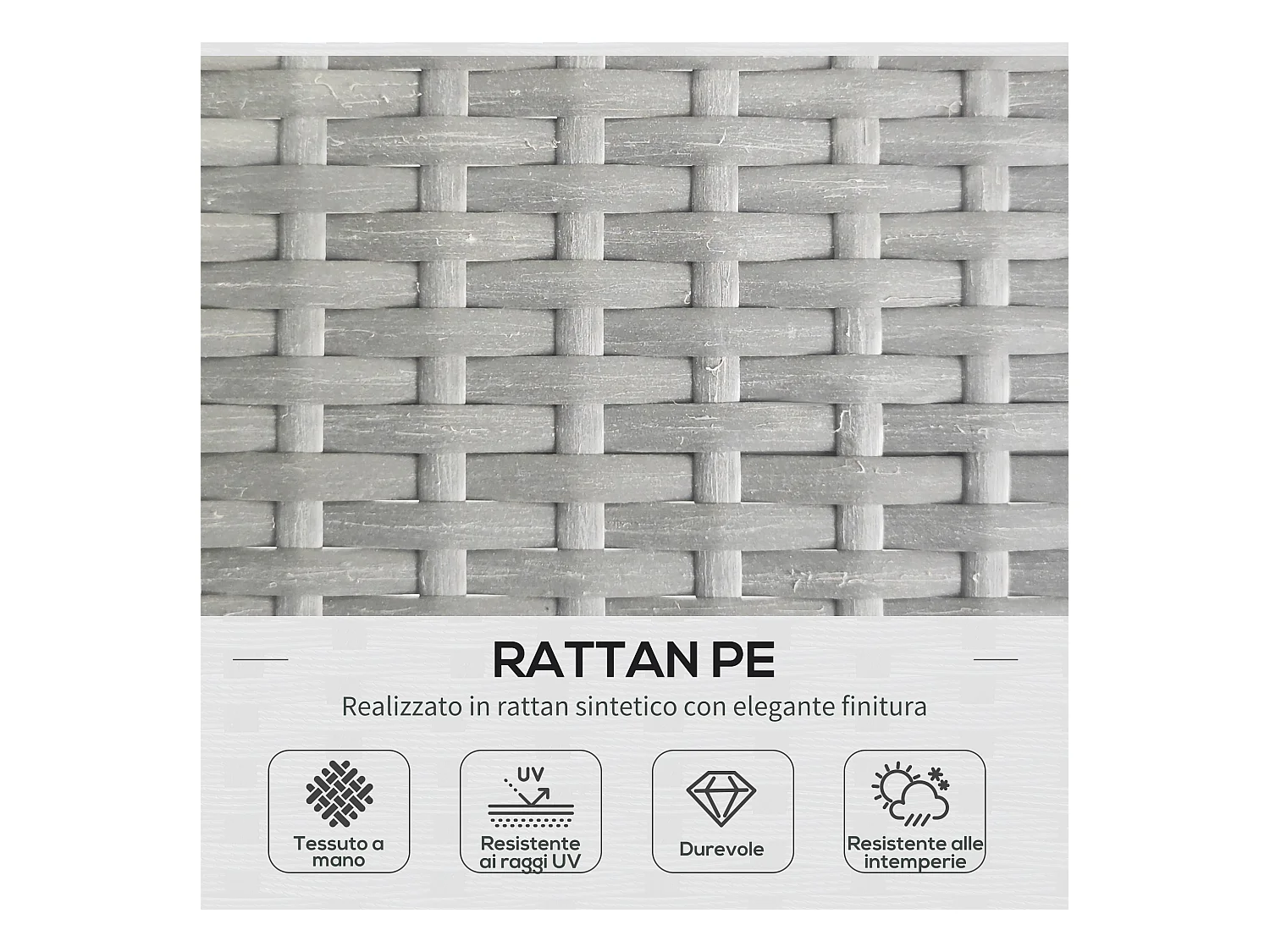 Set da giardino boho con divano angolare e tavolino in rattan grigio