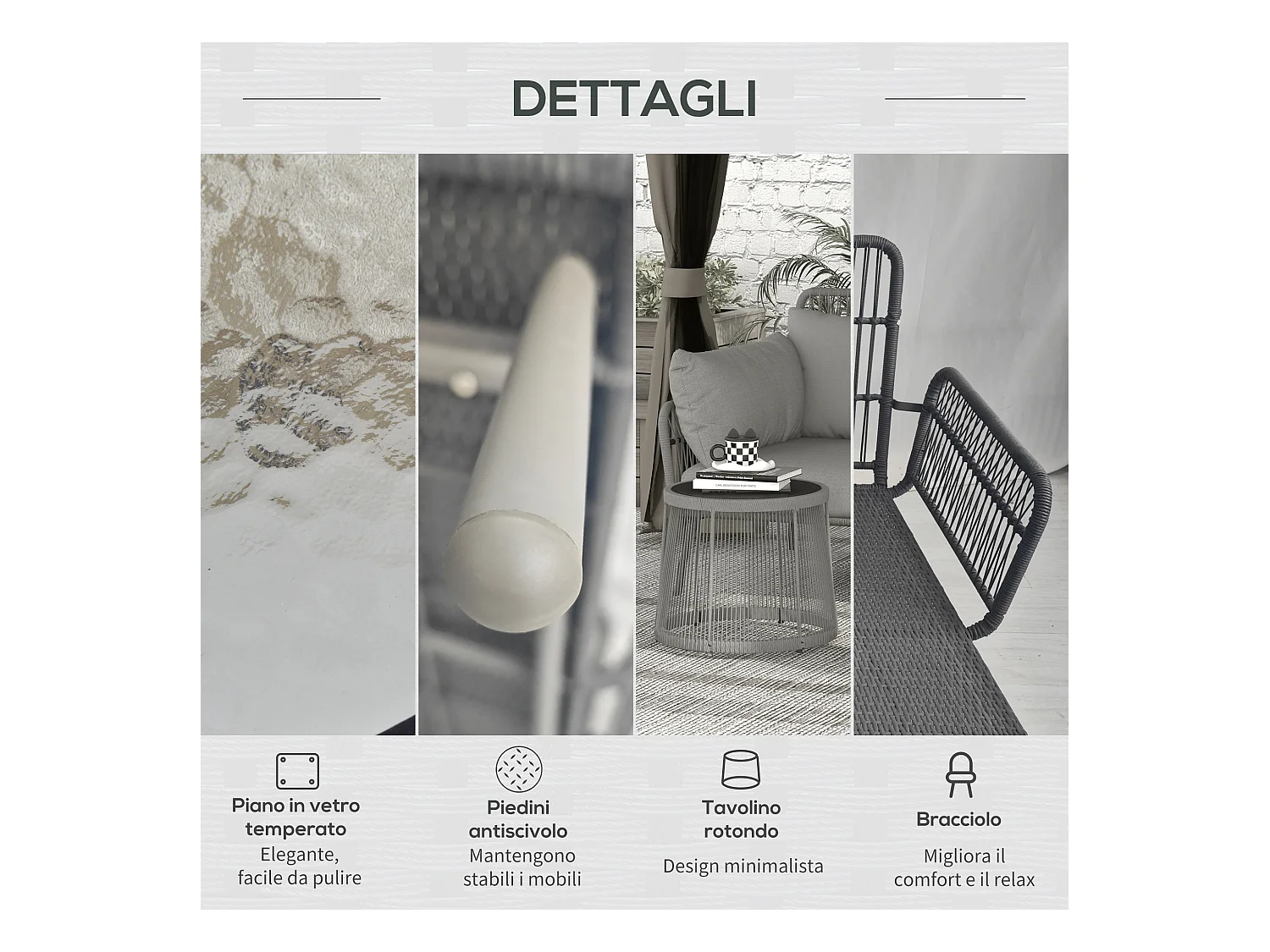 Set da giardino boho con divano angolare e tavolino in rattan grigio