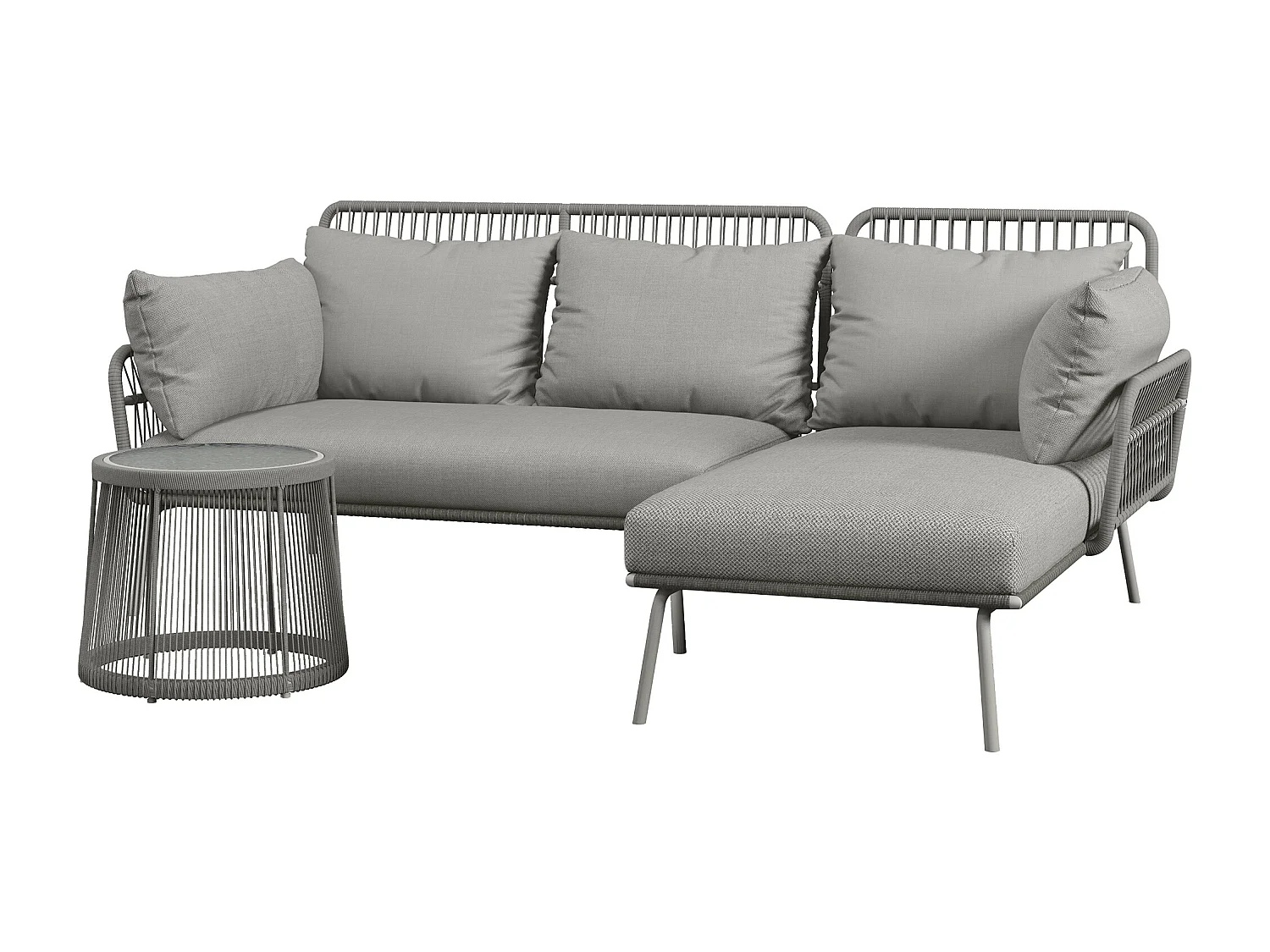 Set da giardino boho con divano angolare e tavolino in rattan grigio