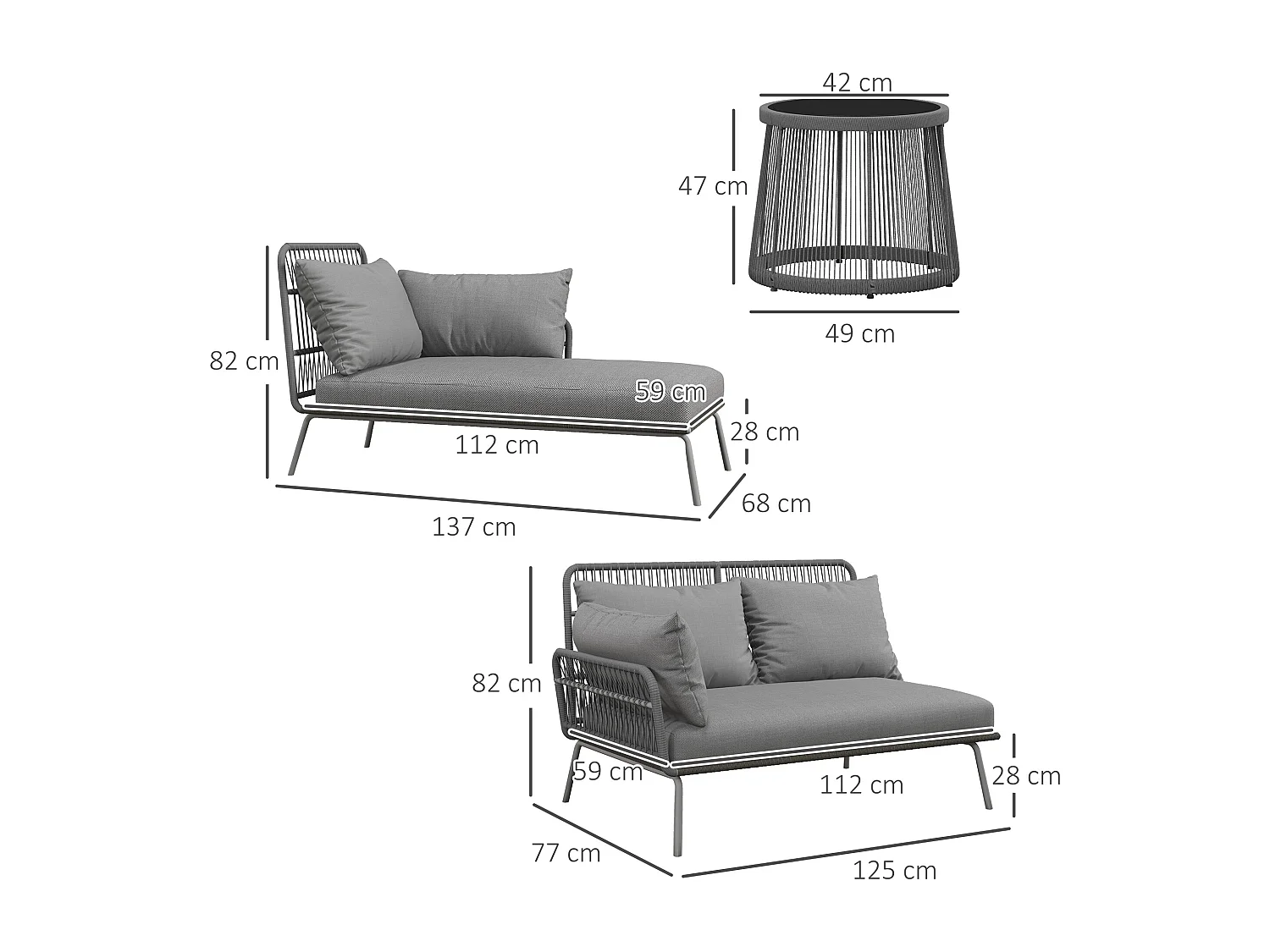 Set da giardino boho con divano angolare e tavolino in rattan grigio