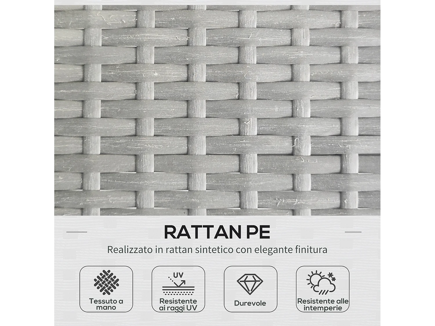 Set da giardino boho con divano angolare e tavolino in rattan grigio