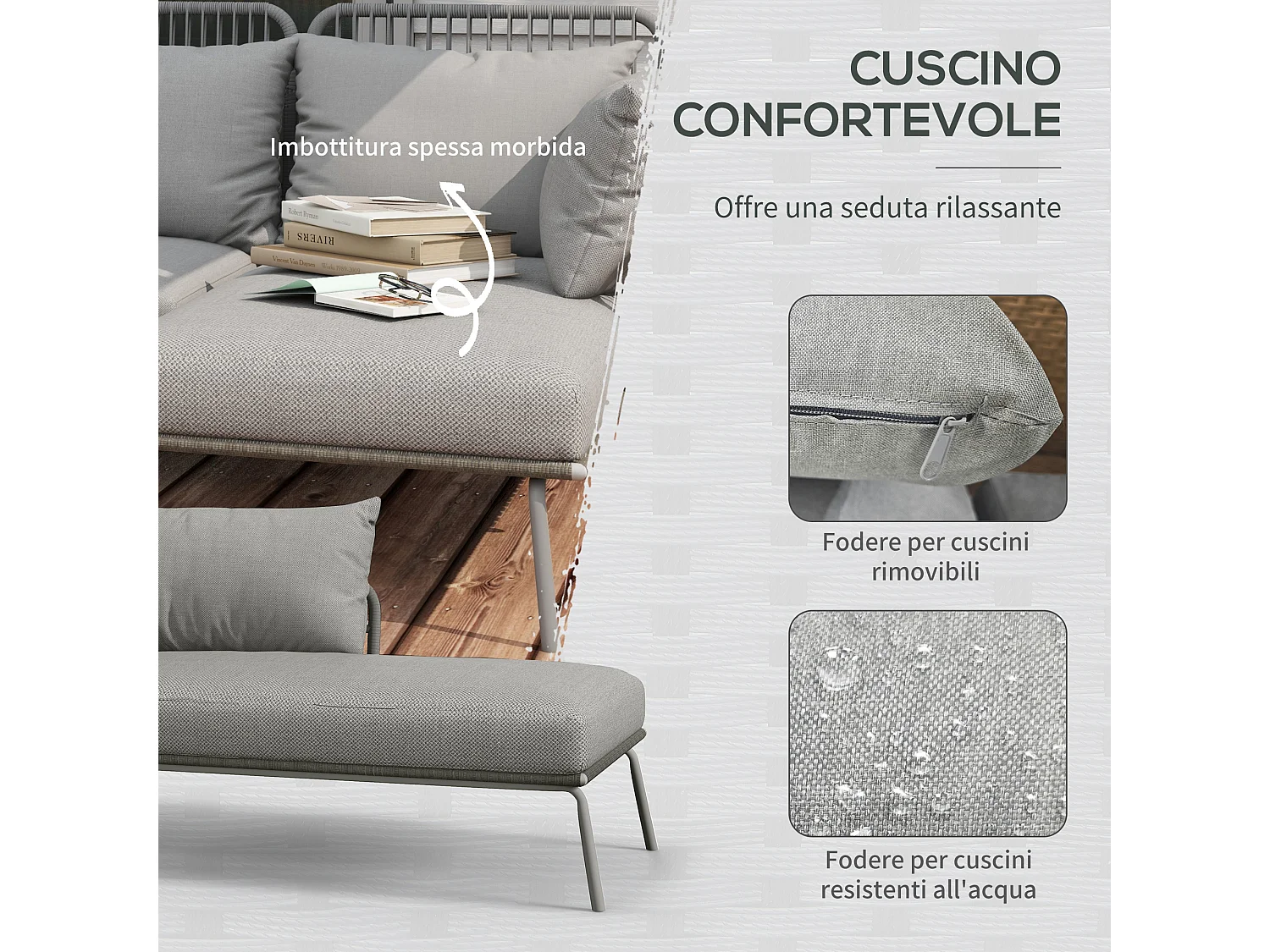 Set da giardino boho con divano angolare e tavolino in rattan grigio