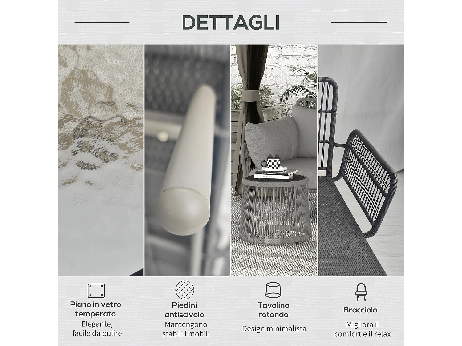 Set da giardino boho con divano angolare e tavolino in rattan grigio