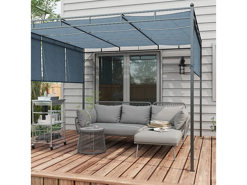 Set da giardino boho con divano angolare e tavolino in rattan grigio