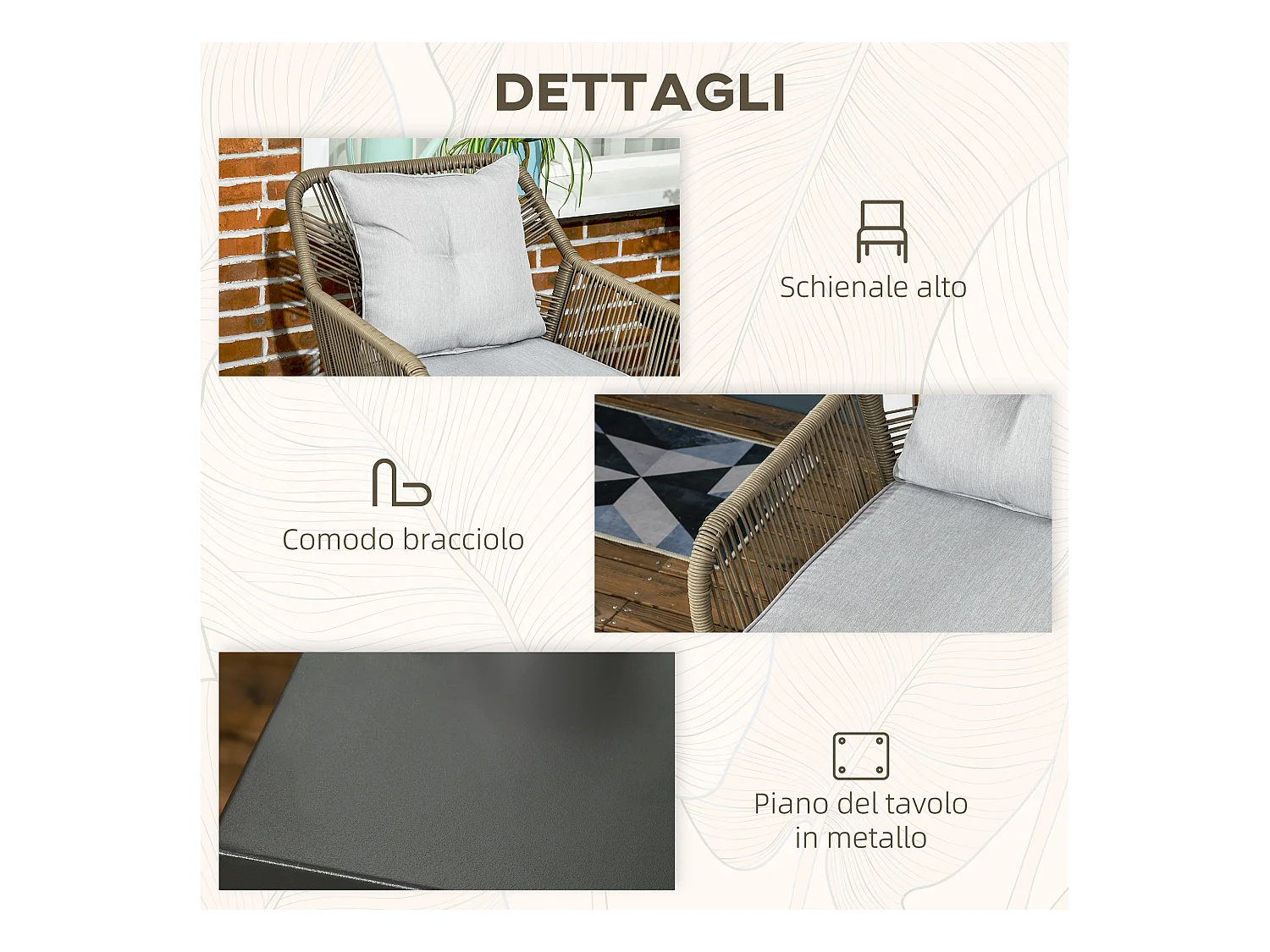 Set tavolino e sedie da giardino 3pz in rattan pe e acciaio