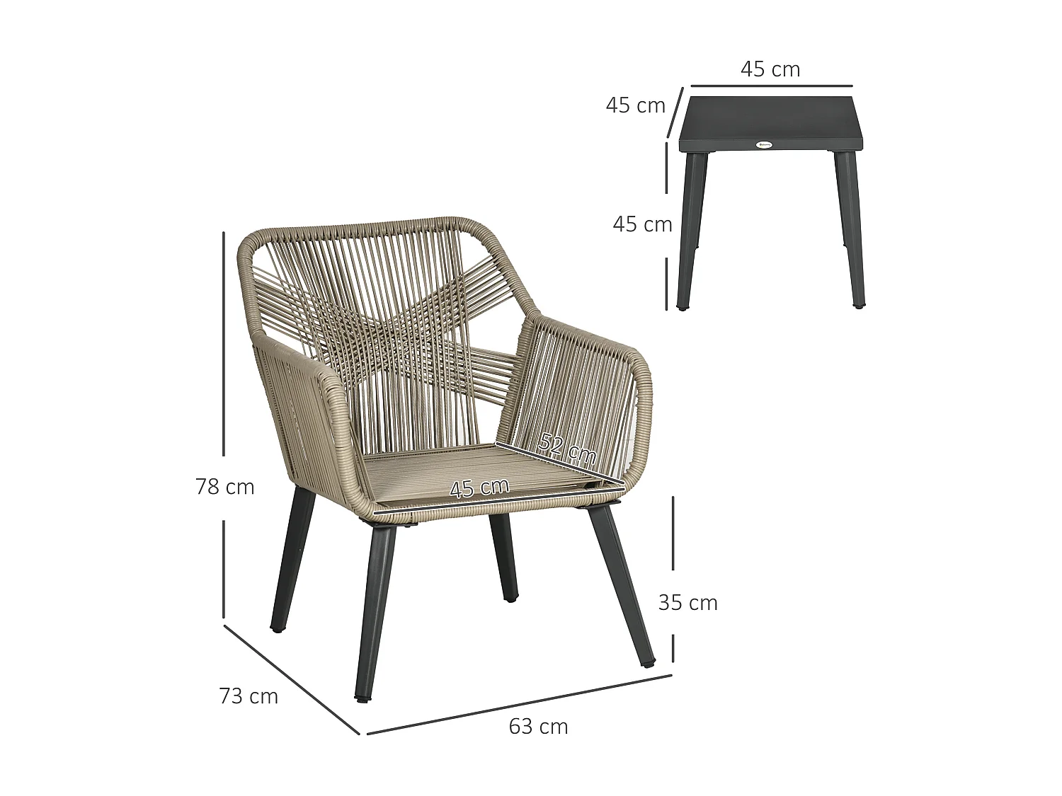 Set tavolino e sedie da giardino 3pz in rattan pe e acciaio
