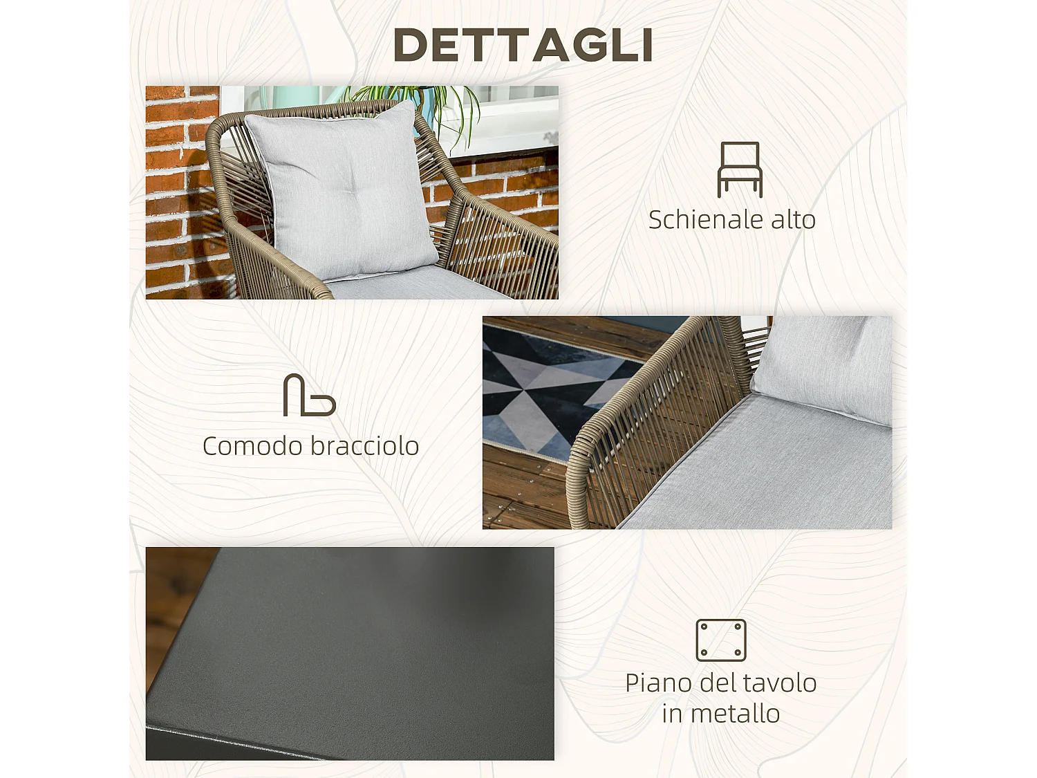 Set tavolino e sedie da giardino 3pz in rattan pe e acciaio