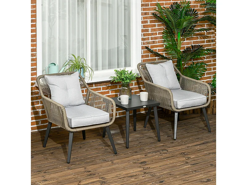 Set tavolino e sedie da giardino 3pz in rattan pe e acciaio