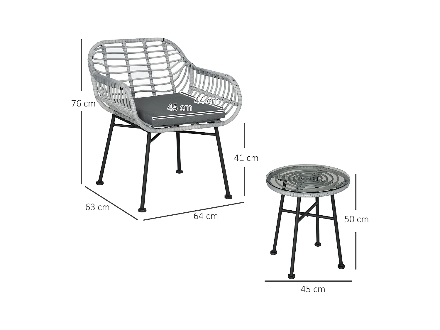Set mobili da giardino rattan pe 2 sedie e tavolino con vetro