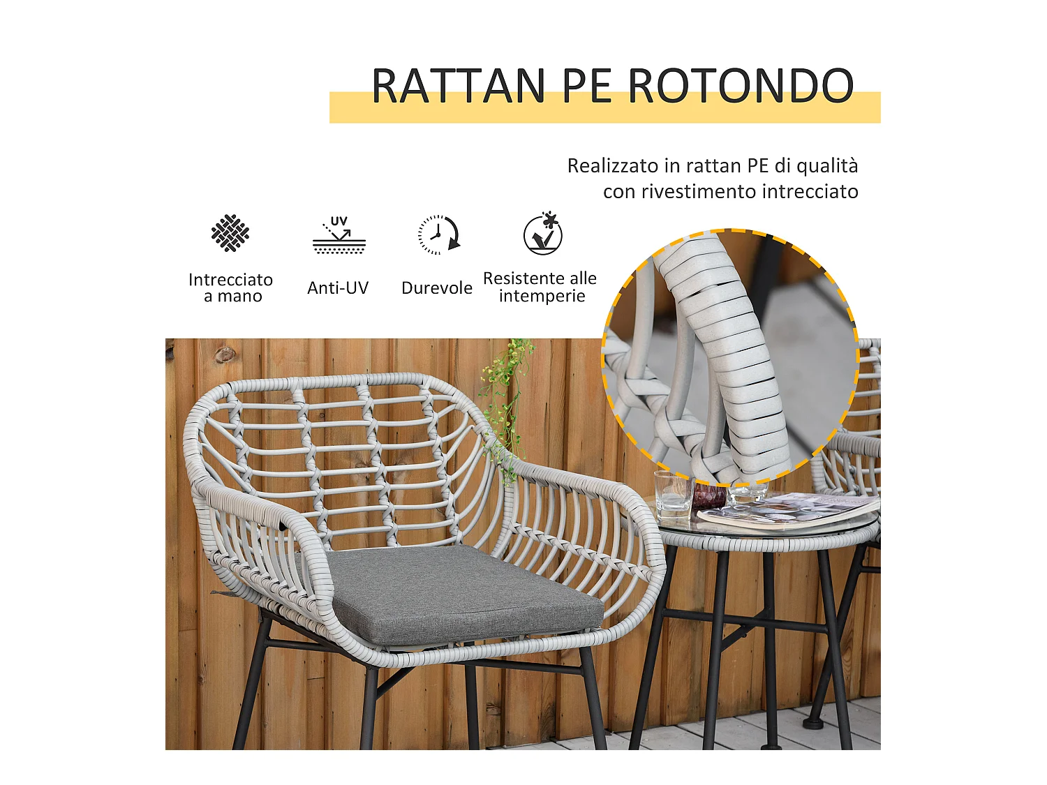 Set mobili da giardino rattan pe 2 sedie e tavolino con vetro