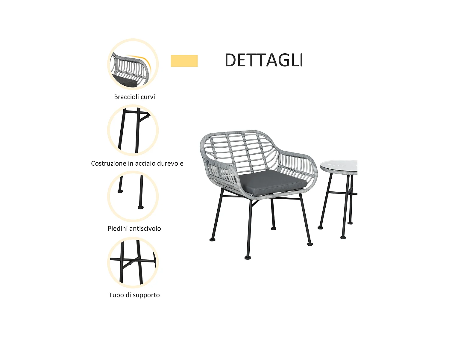 Set mobili da giardino rattan pe 2 sedie e tavolino con vetro