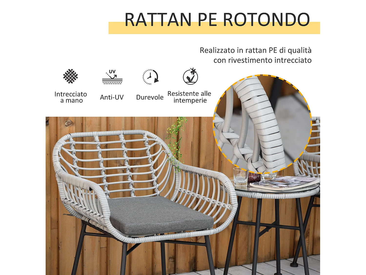 Set mobili da giardino rattan pe 2 sedie e tavolino con vetro