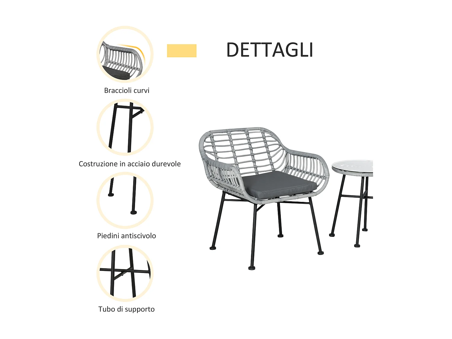 Set mobili da giardino rattan pe 2 sedie e tavolino con vetro