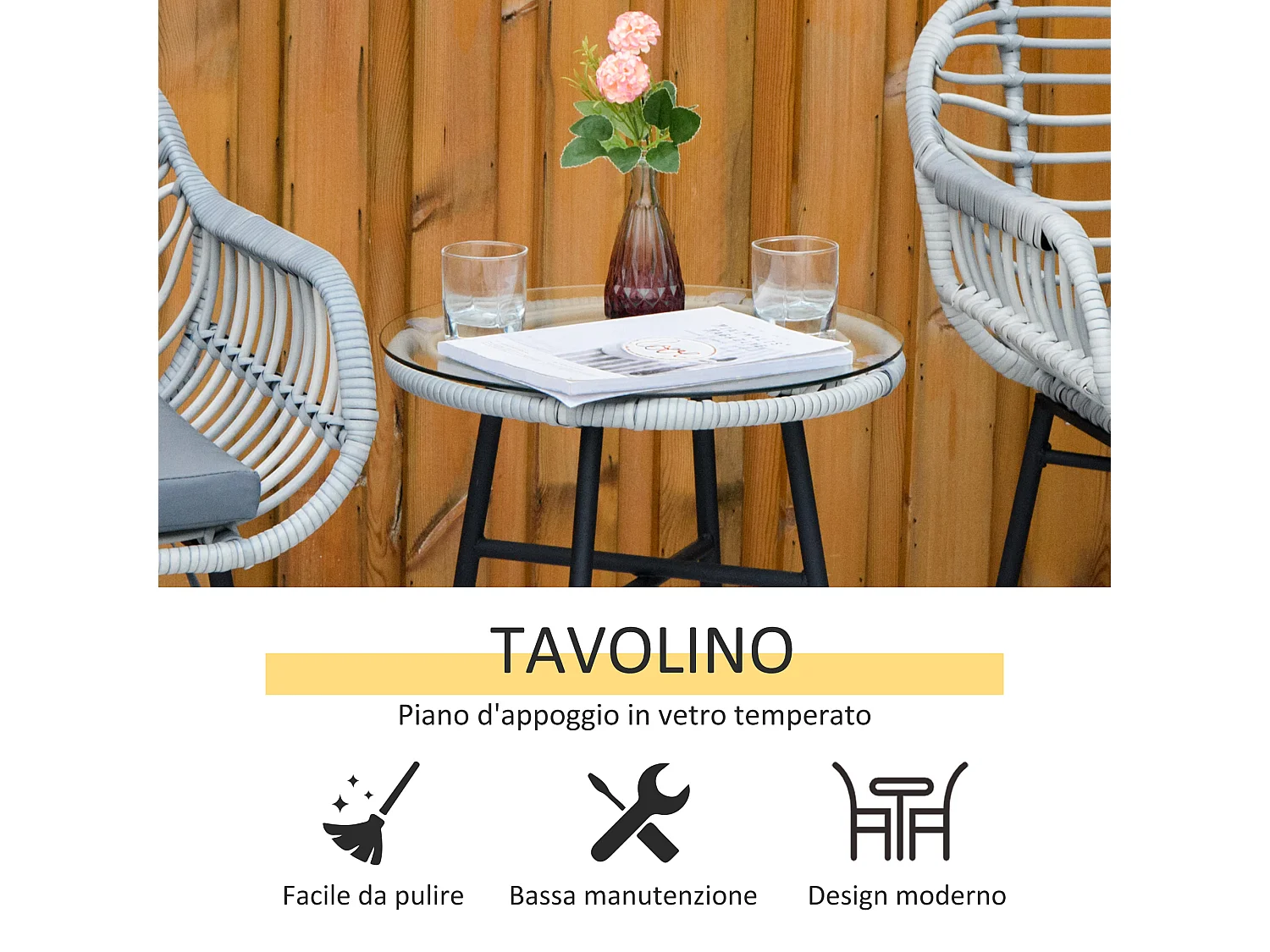Set mobili da giardino rattan pe 2 sedie e tavolino con vetro