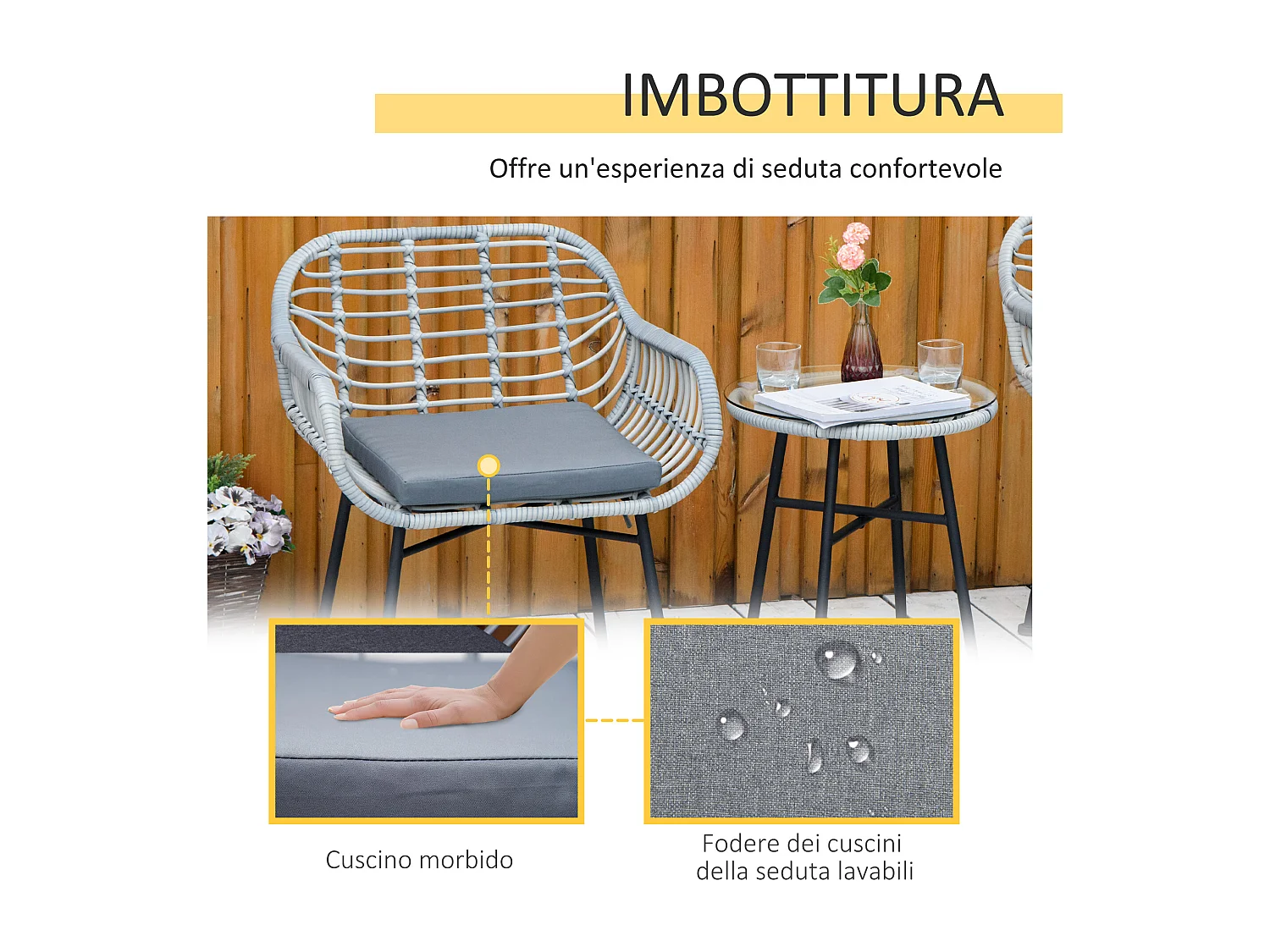 Set mobili da giardino rattan pe 2 sedie e tavolino con vetro