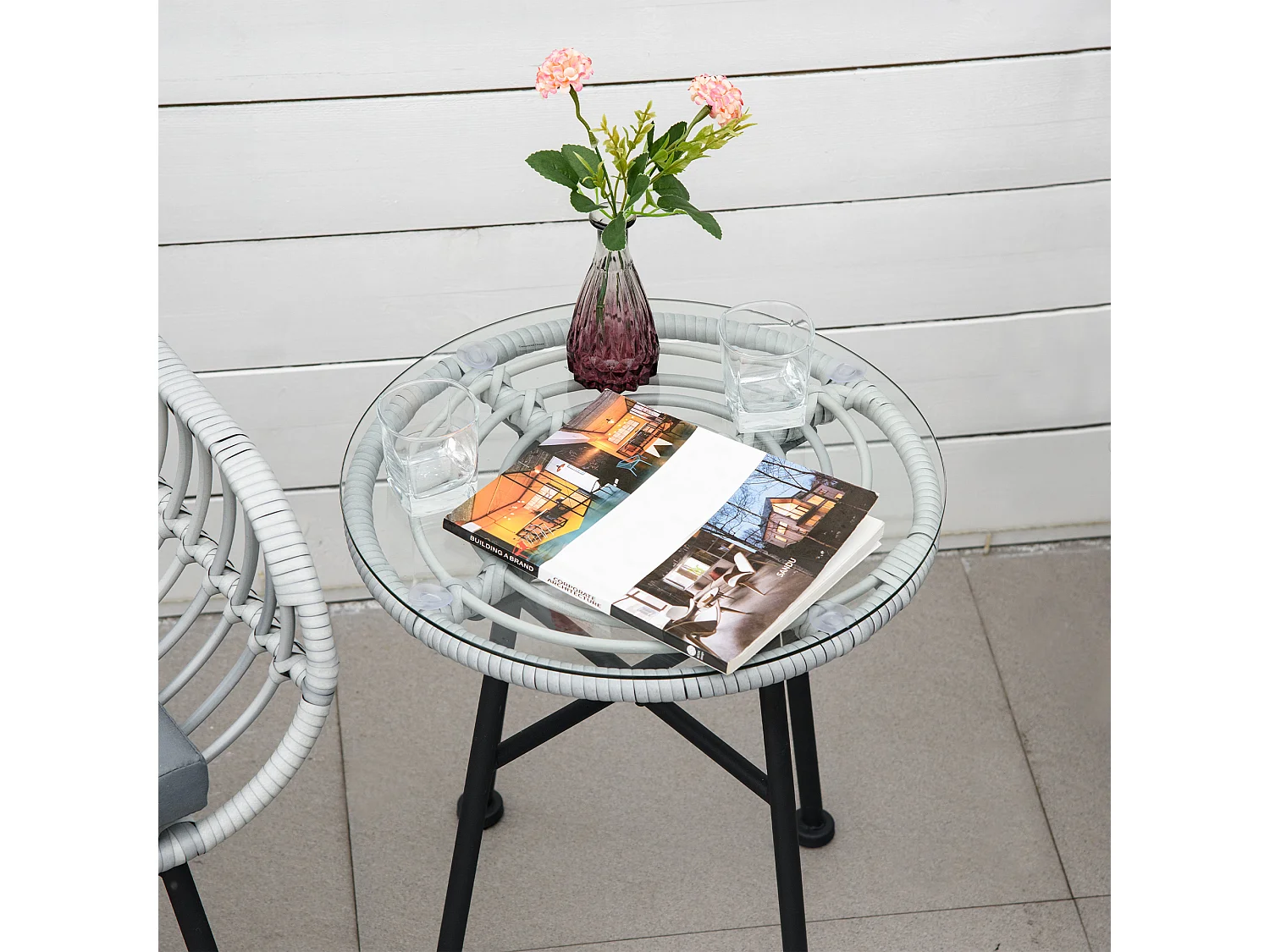 Set mobili da giardino rattan pe 2 sedie e tavolino con vetro