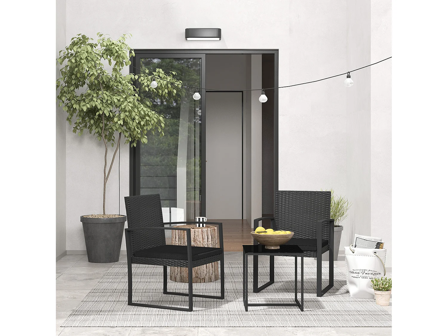 Set da giardino con 2 sedie e tavolino effetto rattan nero