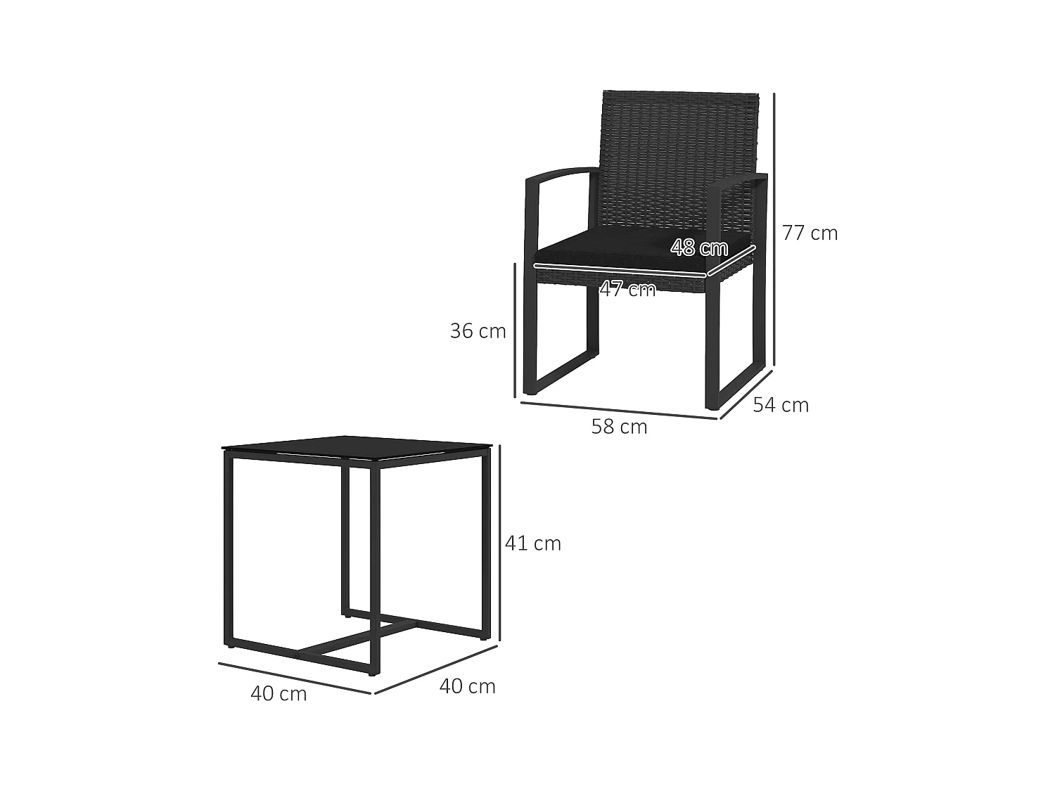 Set da giardino con 2 sedie e tavolino effetto rattan nero