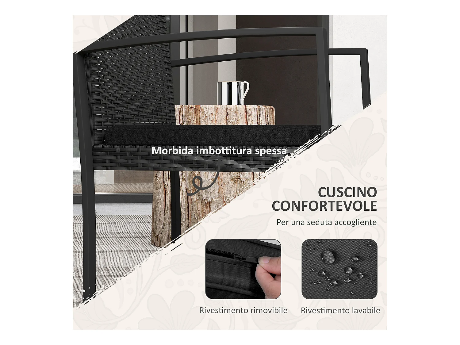Set da giardino con 2 sedie e tavolino effetto rattan nero