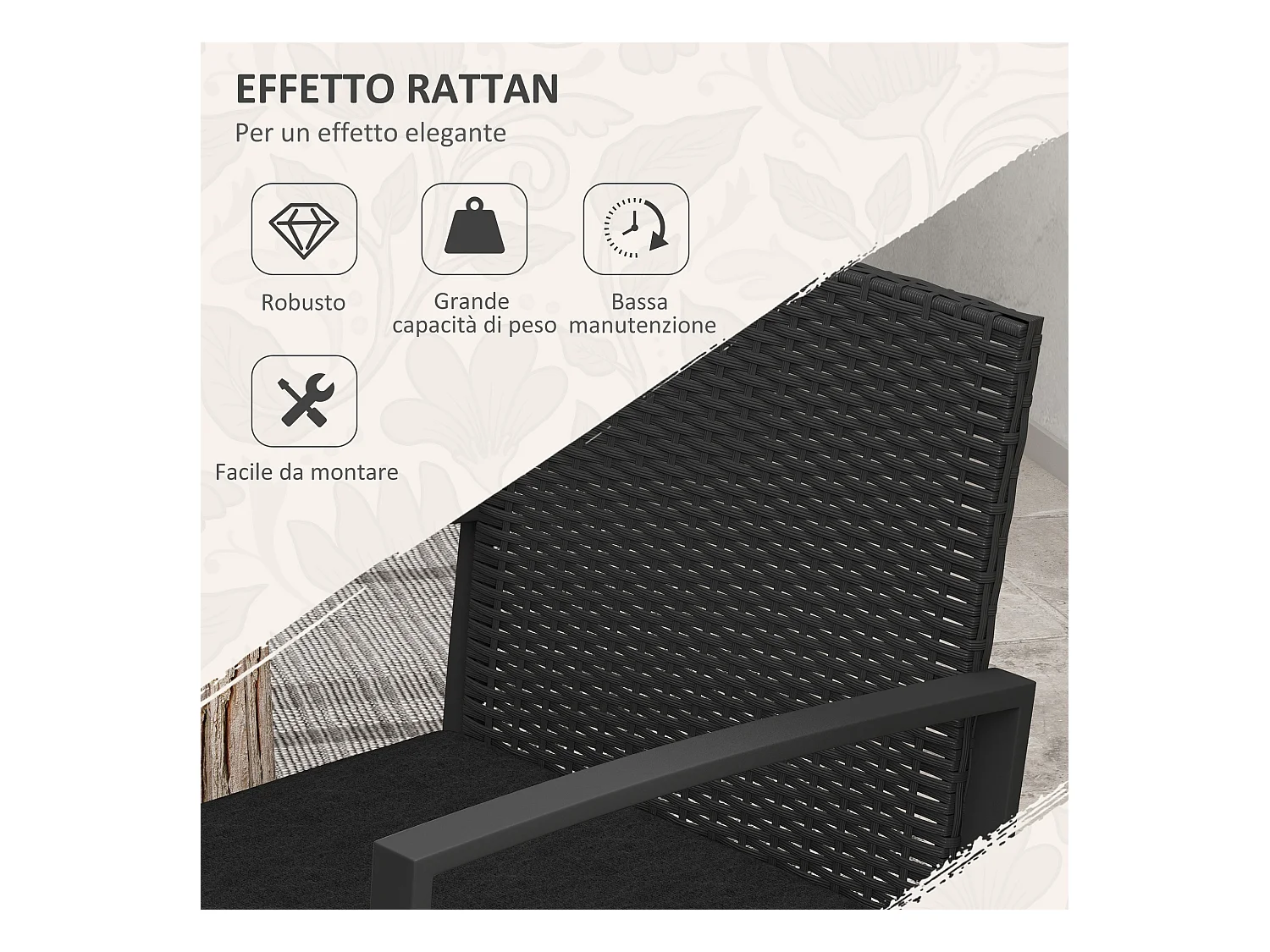 Set da giardino con 2 sedie e tavolino effetto rattan nero