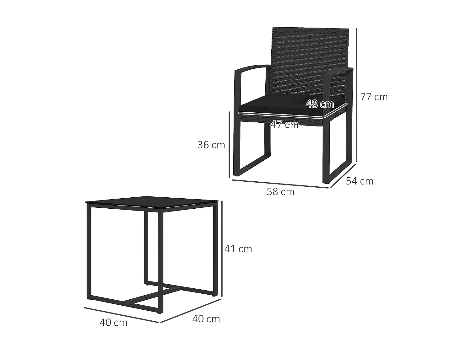Set da giardino con 2 sedie e tavolino effetto rattan nero