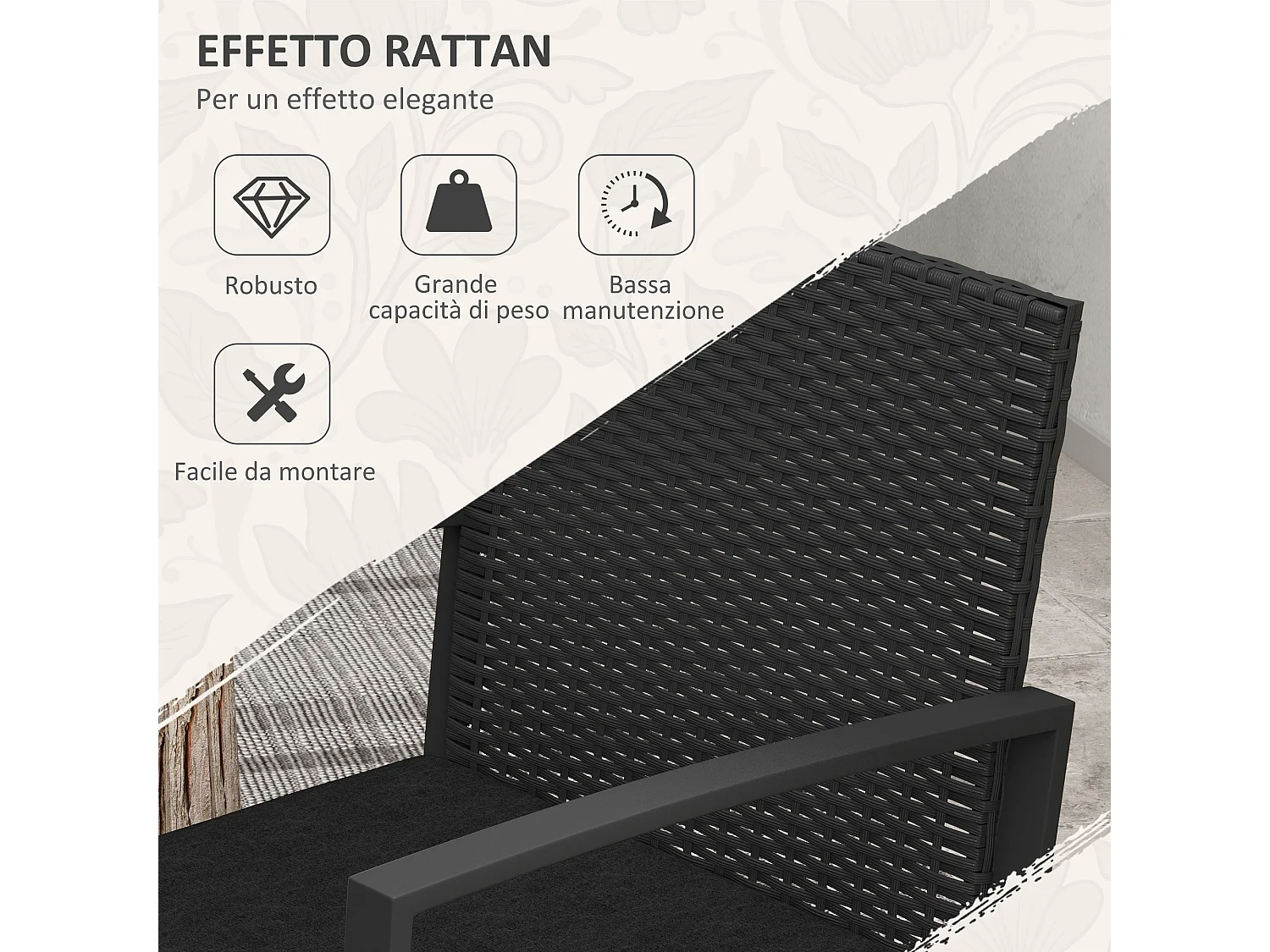 Set da giardino con 2 sedie e tavolino effetto rattan nero