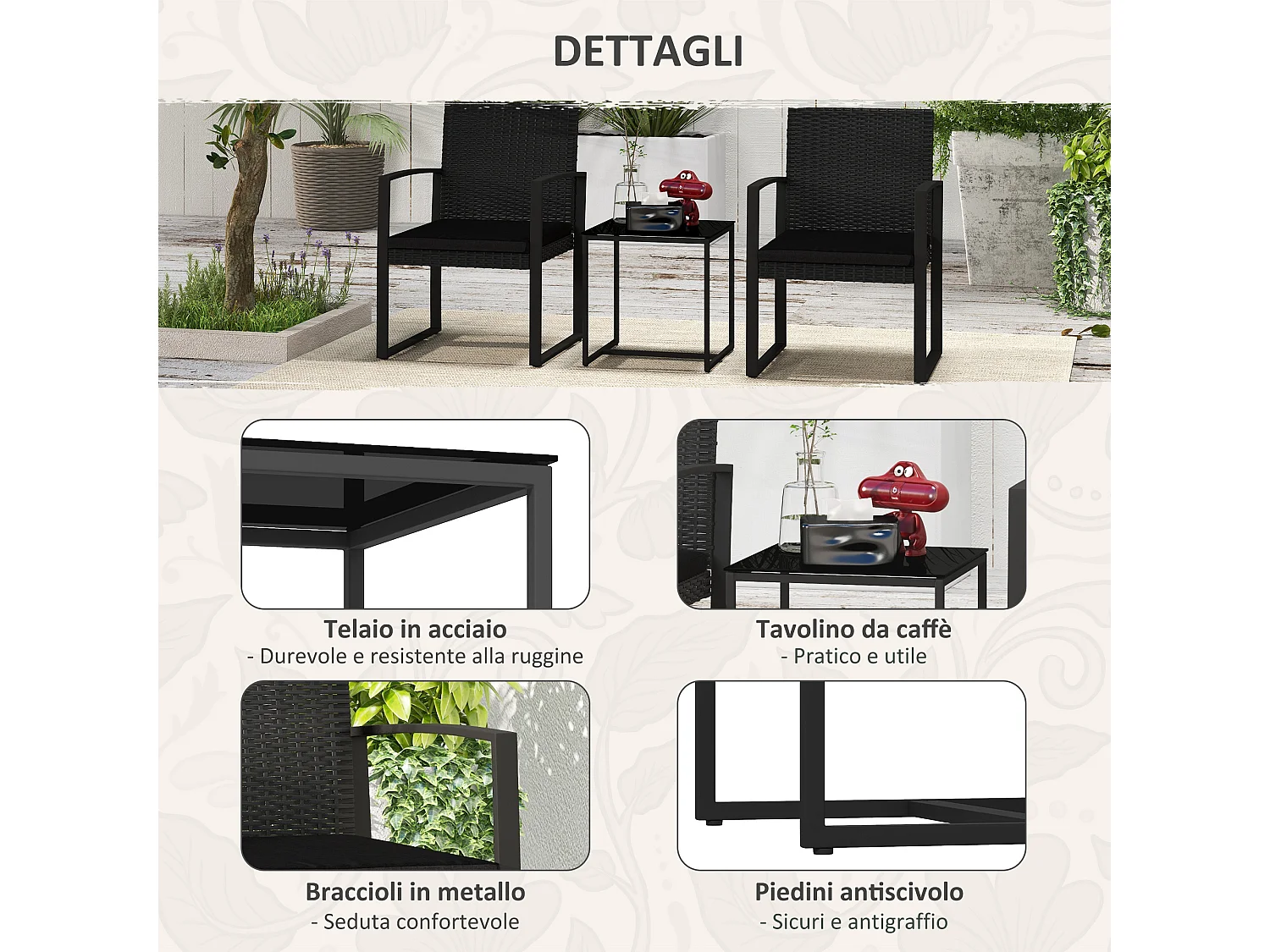 Set da giardino con 2 sedie e tavolino effetto rattan nero