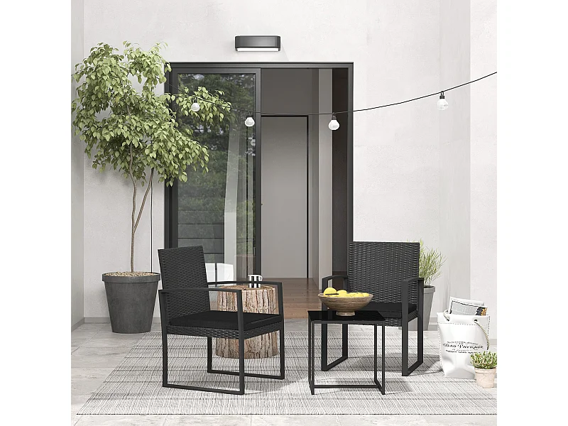 Set da giardino con 2 sedie e tavolino effetto rattan nero