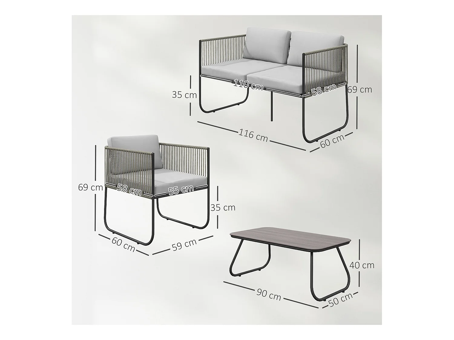 Set da giardino con divanetto 2 poltrone e tavolino in rattan