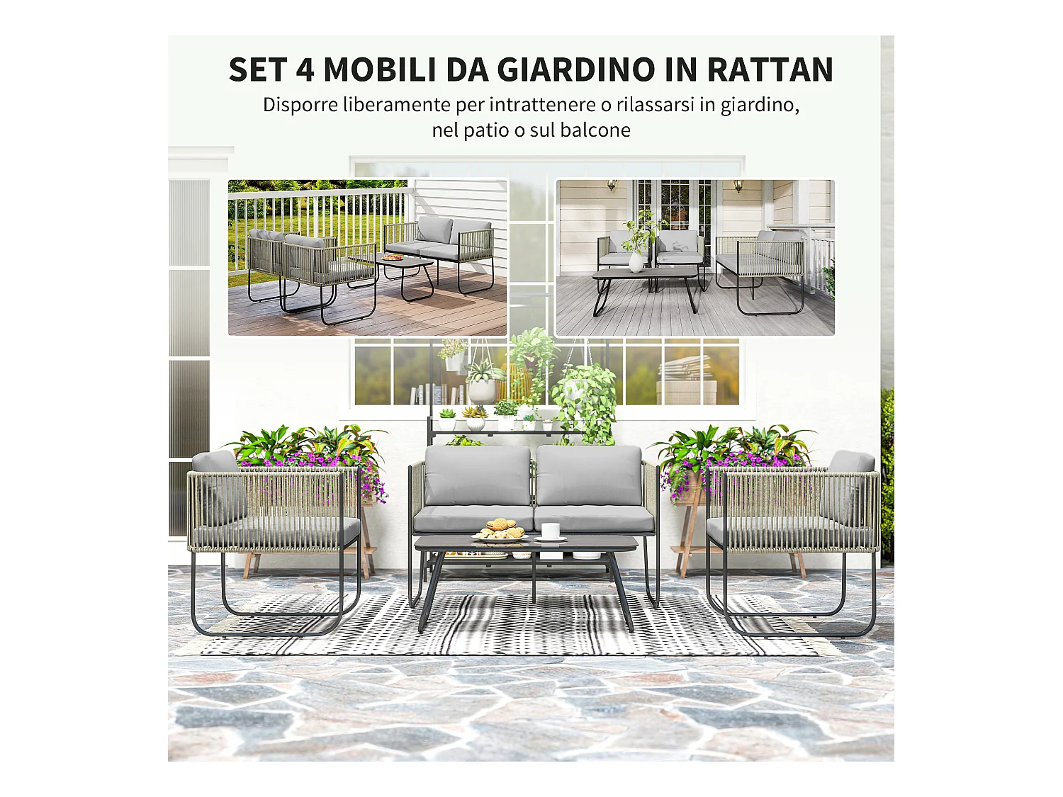 Set da giardino con divanetto 2 poltrone e tavolino in rattan