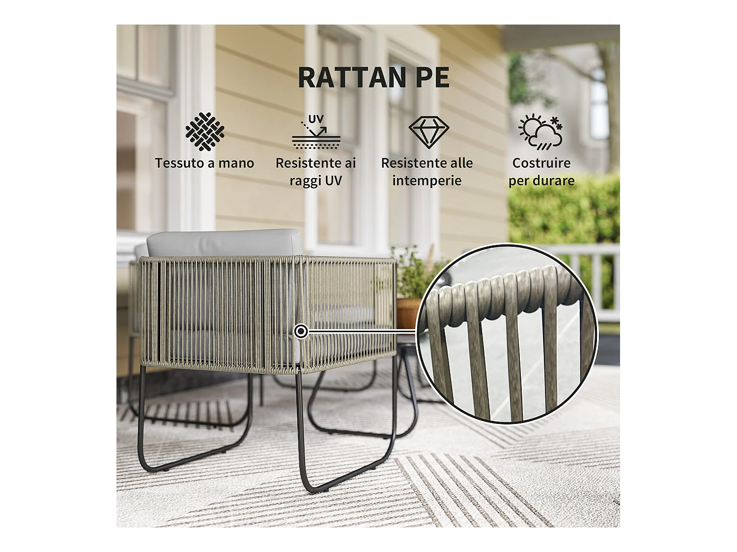 Set da giardino con divanetto 2 poltrone e tavolino in rattan