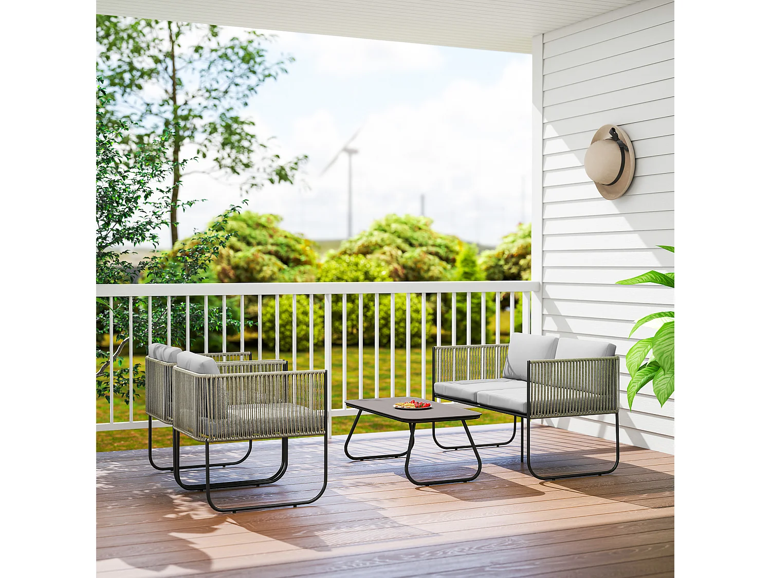 Set da giardino con divanetto 2 poltrone e tavolino in rattan