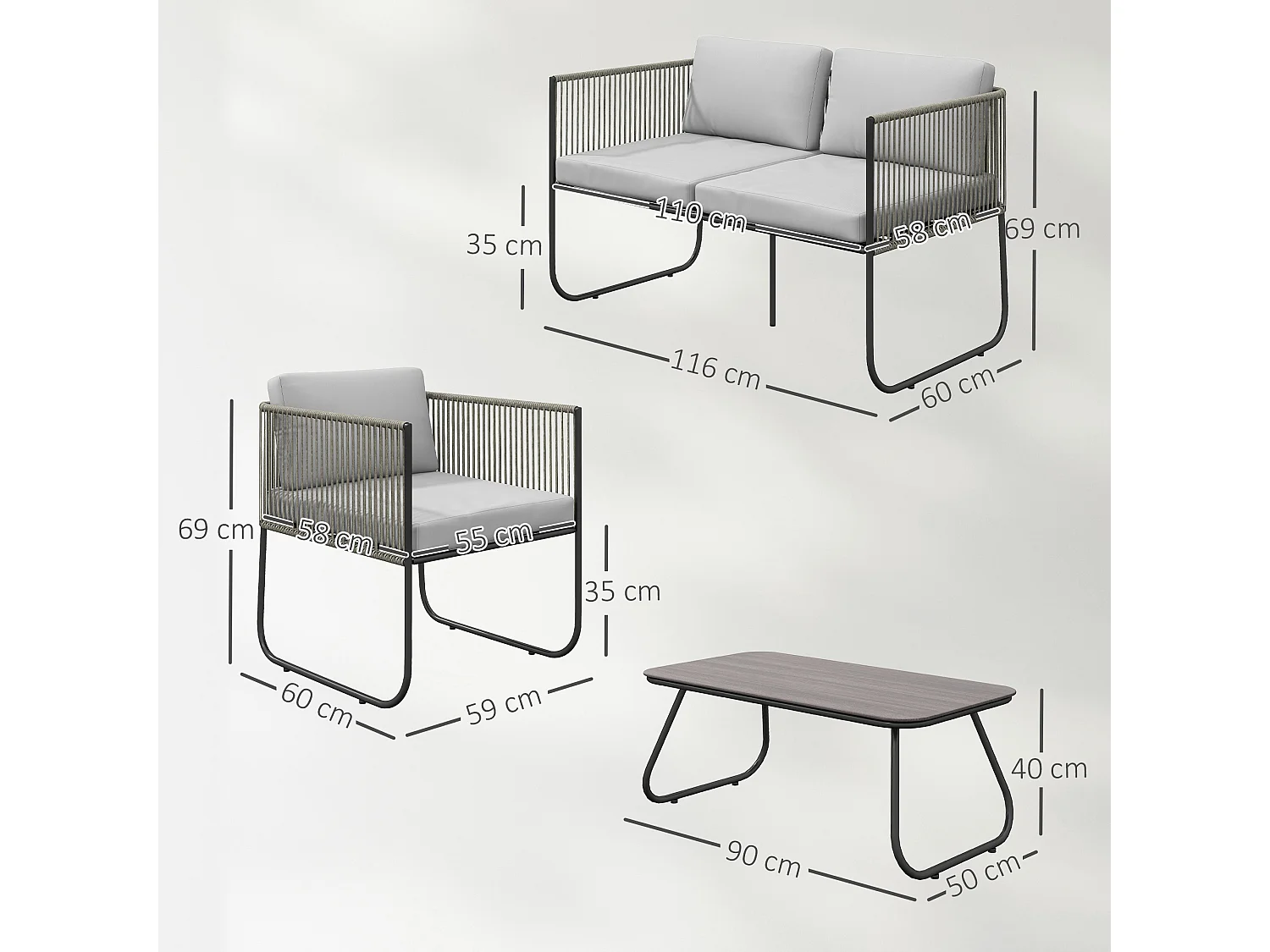 Set da giardino con divanetto 2 poltrone e tavolino in rattan