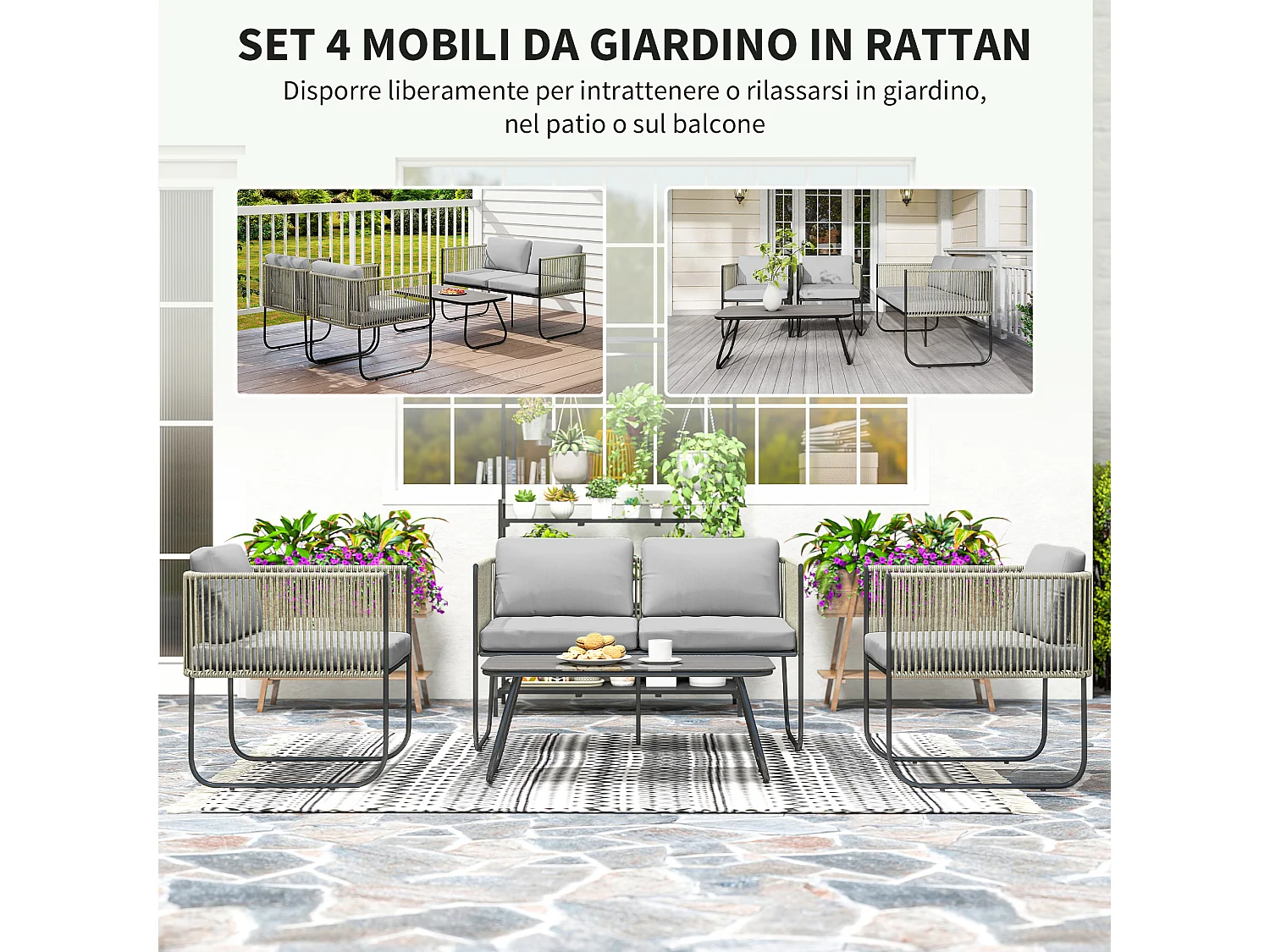 Set da giardino con divanetto 2 poltrone e tavolino in rattan
