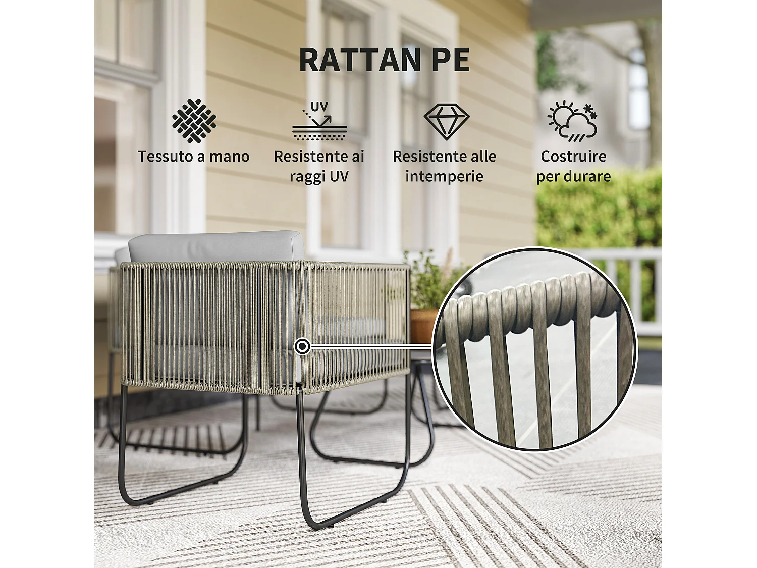 Set da giardino con divanetto 2 poltrone e tavolino in rattan