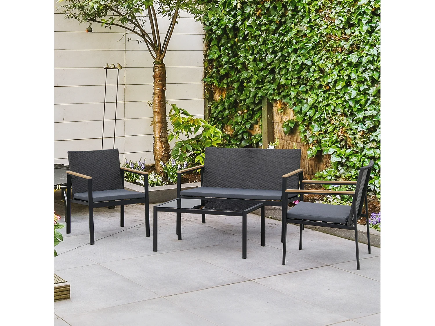 Mobili da giardino e esterno set 4 pezzi in rattan e acciaio nero