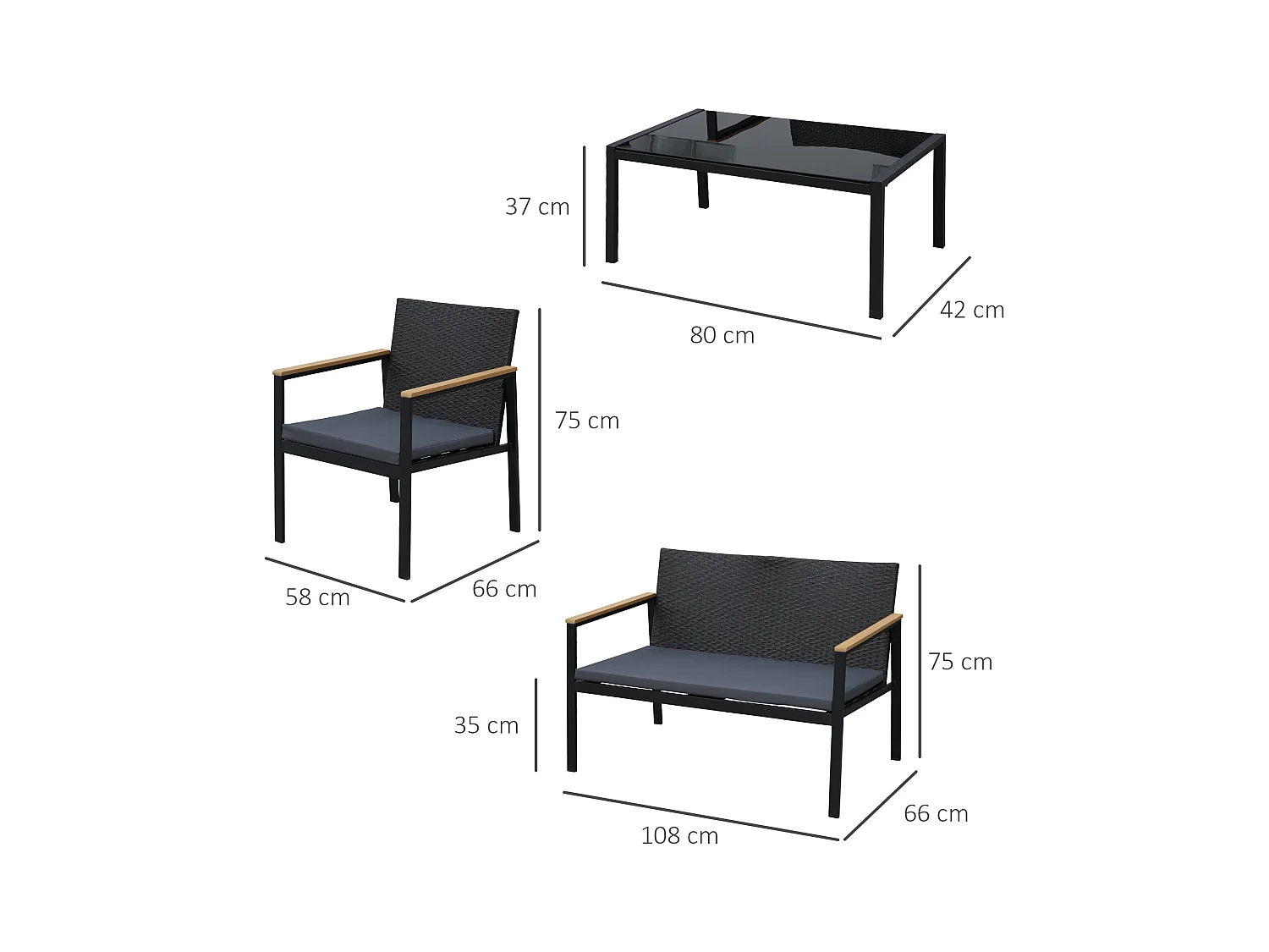 Mobili da giardino e esterno set 4 pezzi in rattan e acciaio nero