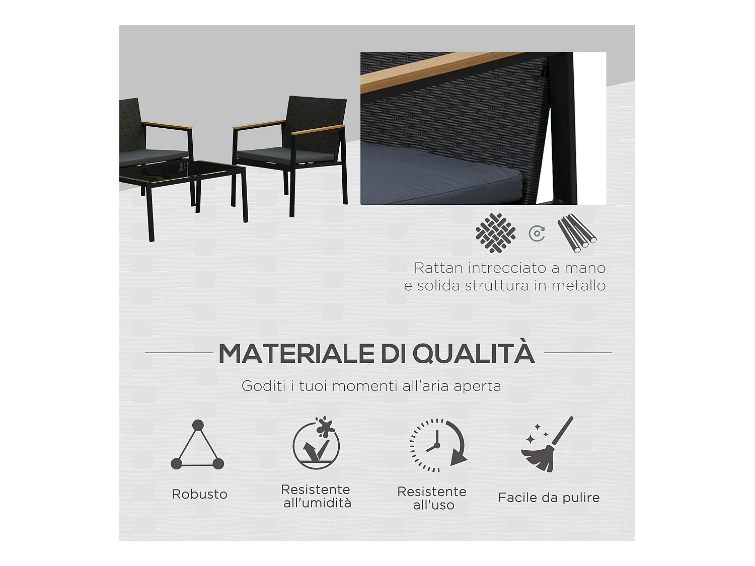 Mobili da giardino e esterno set 4 pezzi in rattan e acciaio nero