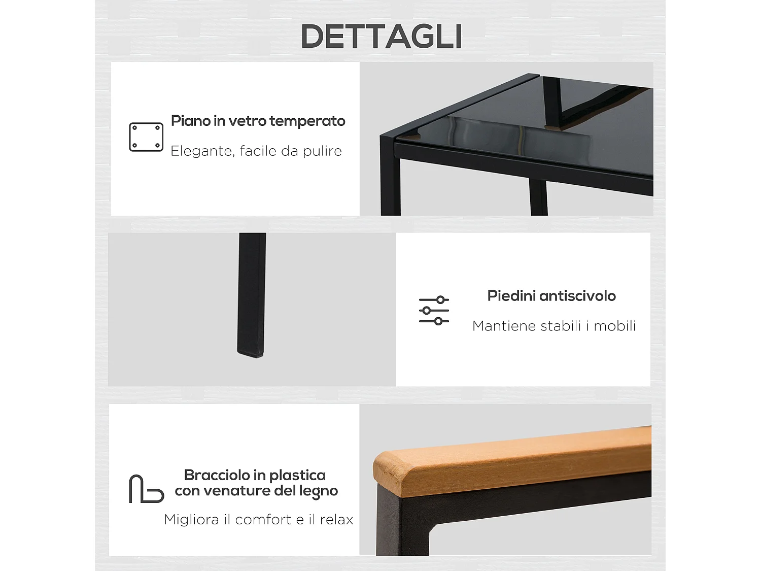 Mobili da giardino e esterno set 4 pezzi in rattan e acciaio nero
